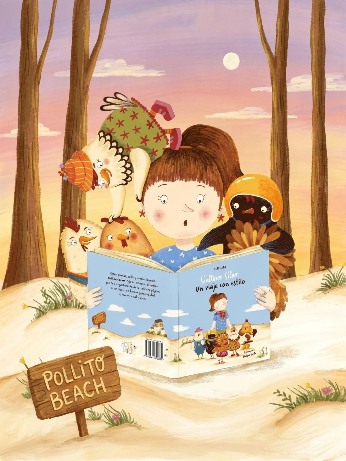 Ilustración de una niña leyendo un libro en la playa con sus gallinas, en un entorno de bosque con árboles de eucalipto y un cielo al atardecer con la luna.