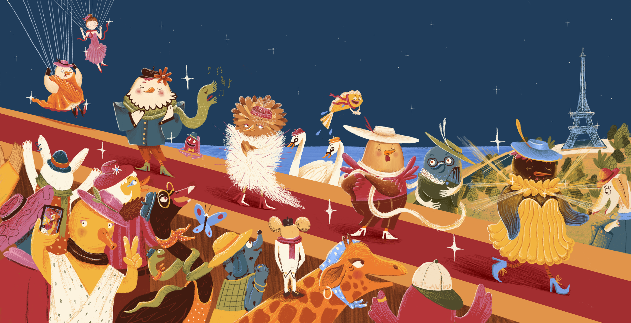Dibujo colorido de animales y personajes divertidos en un barco, algunos con sombreros y accesorios, con una noche estrellada de fondo.