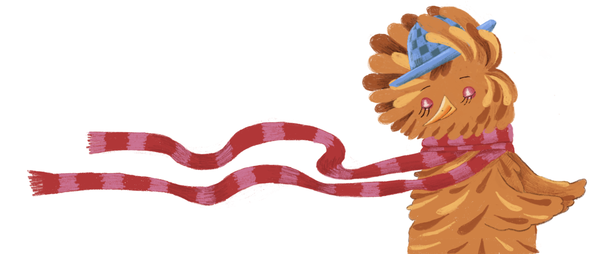 Una ilustración de un pavo con cara feliz, vestido con un sombrero azul, que lleva una bufanda roja y blanca y tiene plumas de color marrón y cálido.
