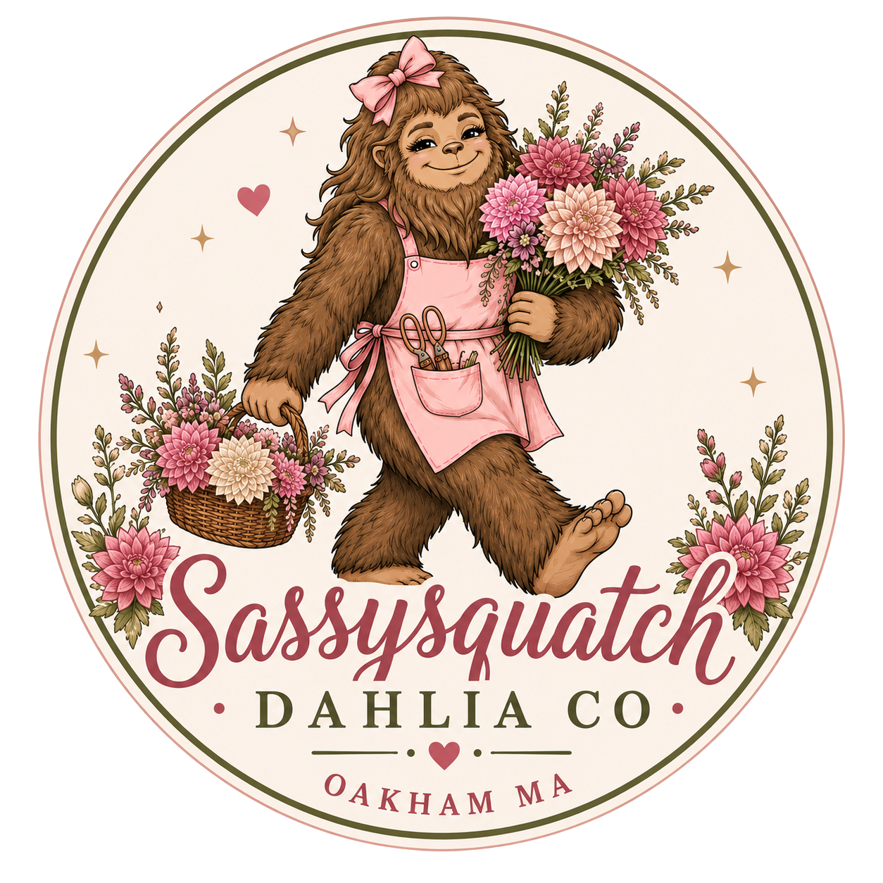 A cartoon bear with a pink bow in her hair, wearing a pink apron with gardening tools, holding a bouquet of pink and cream flowers, and carrying a basket of flowers. The image has the text "Sassyquatch Dahlia Co. Oakham MA" and floral decorations.