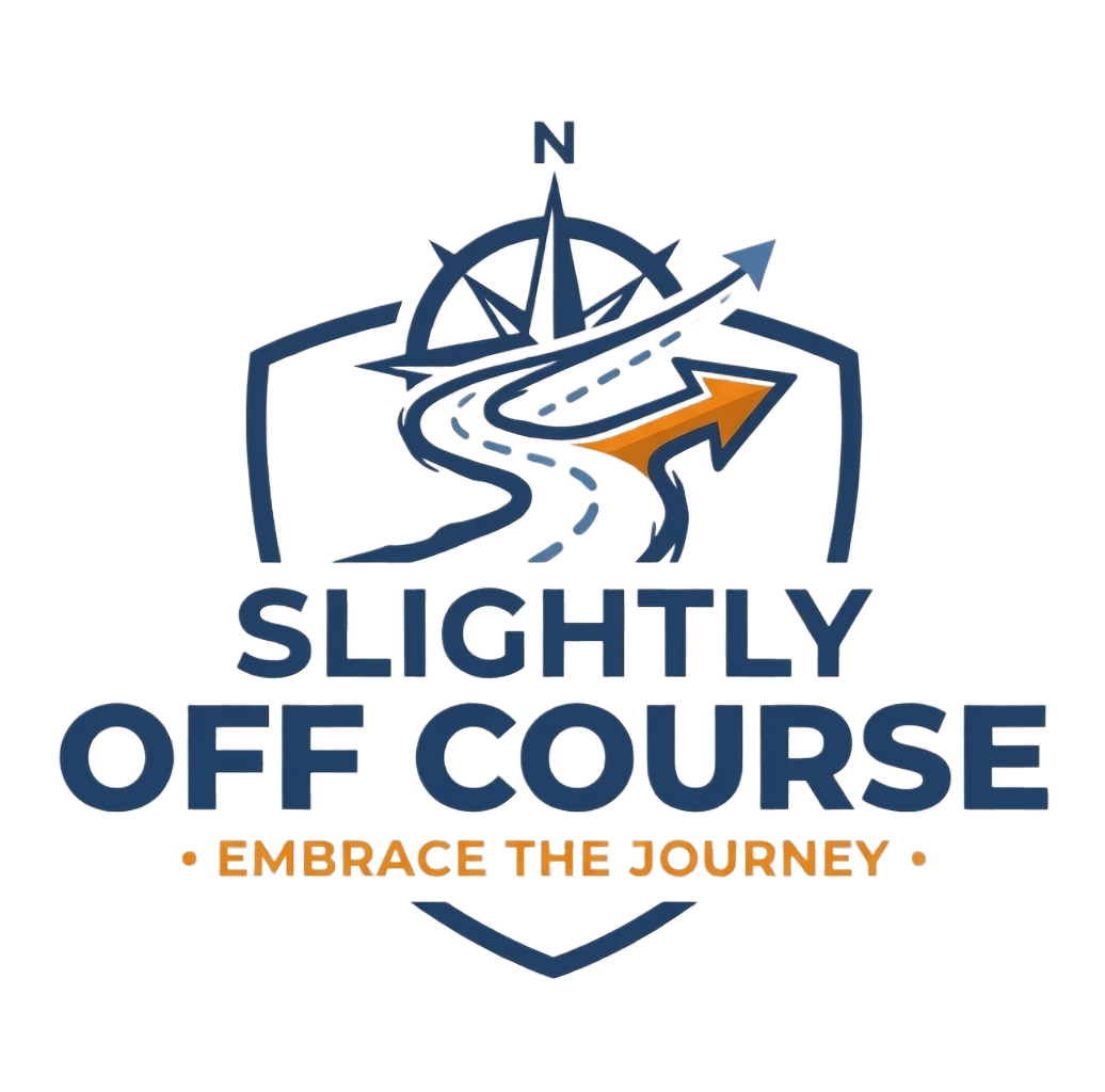 Logo featuring a winding road with a compass and arrow, with the text 'SLIGHTLY OFF COURSE' and smaller text 'EMBRACE THE JOURNEY'.