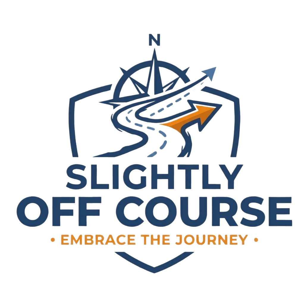 Logo featuring a winding road with a compass at the top, and the text 'Slightly Off Course' and 'Embrace the Journey'.