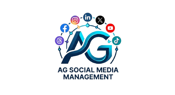 A digital graphic representing social media management, featuring a large stylized letter 'G' surrounded by icons of popular social media platforms such as Facebook, Twitter, Instagram, LinkedIn, YouTube, and Snapchat. The icons are connected with lines, and the text reads 'AG Social Media Management' below the graphic.