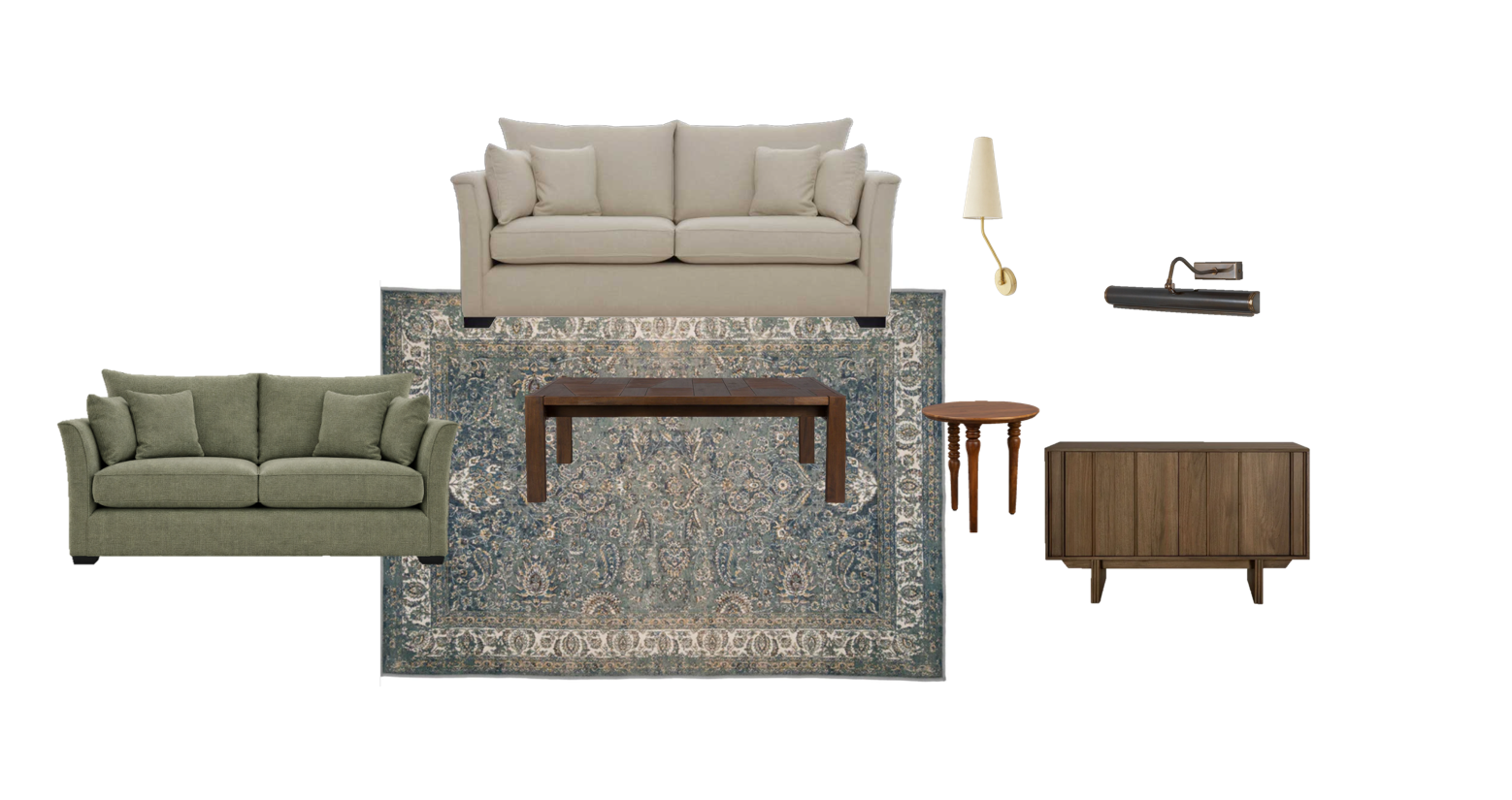 A furniture board with beige sofa and a green sofa arranged around a blue and beige patterned area rug, with a wooden coffee table, a small wooden side table, a wall-mounted lamp, sideboard and picture light.