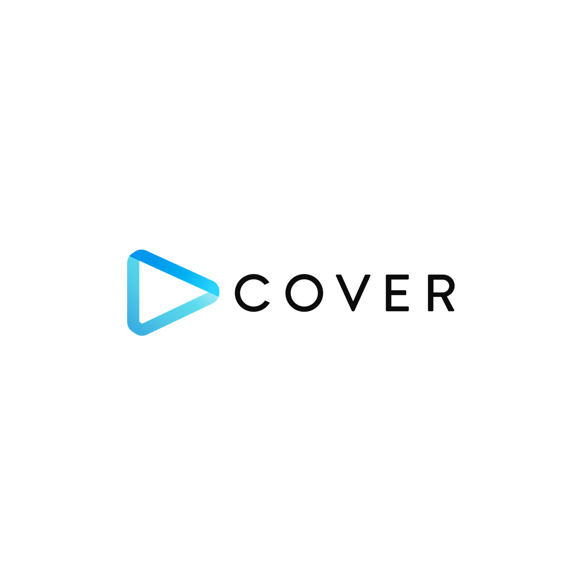 The image depicts a black background with a 3D outline of a blue play button and the word "COVER" written below it.