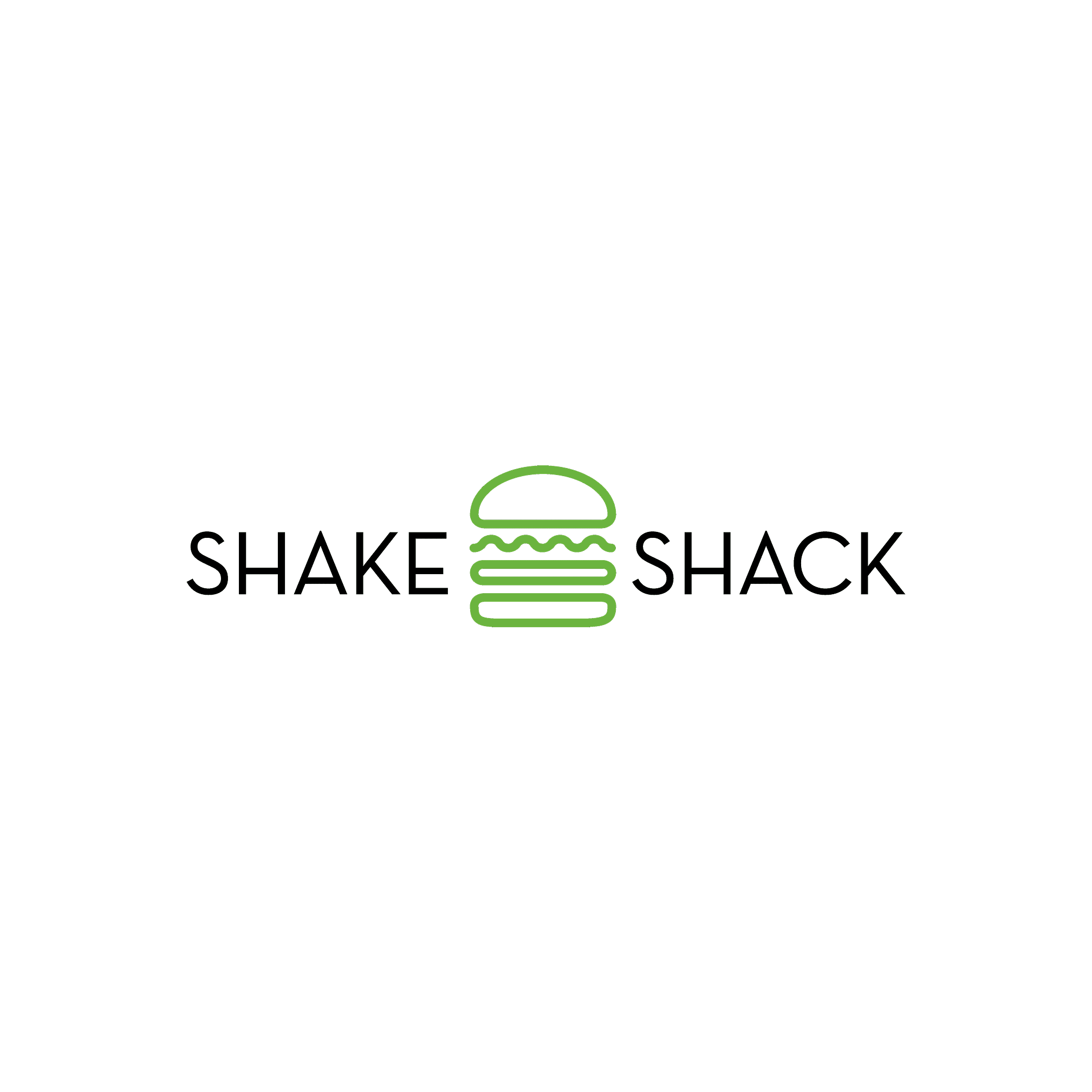 Shake Shack logo with a black background, featuring a stylized burger with three lines representing layers, and the words 'SHAKE' and 'SHACK' in green and black.
