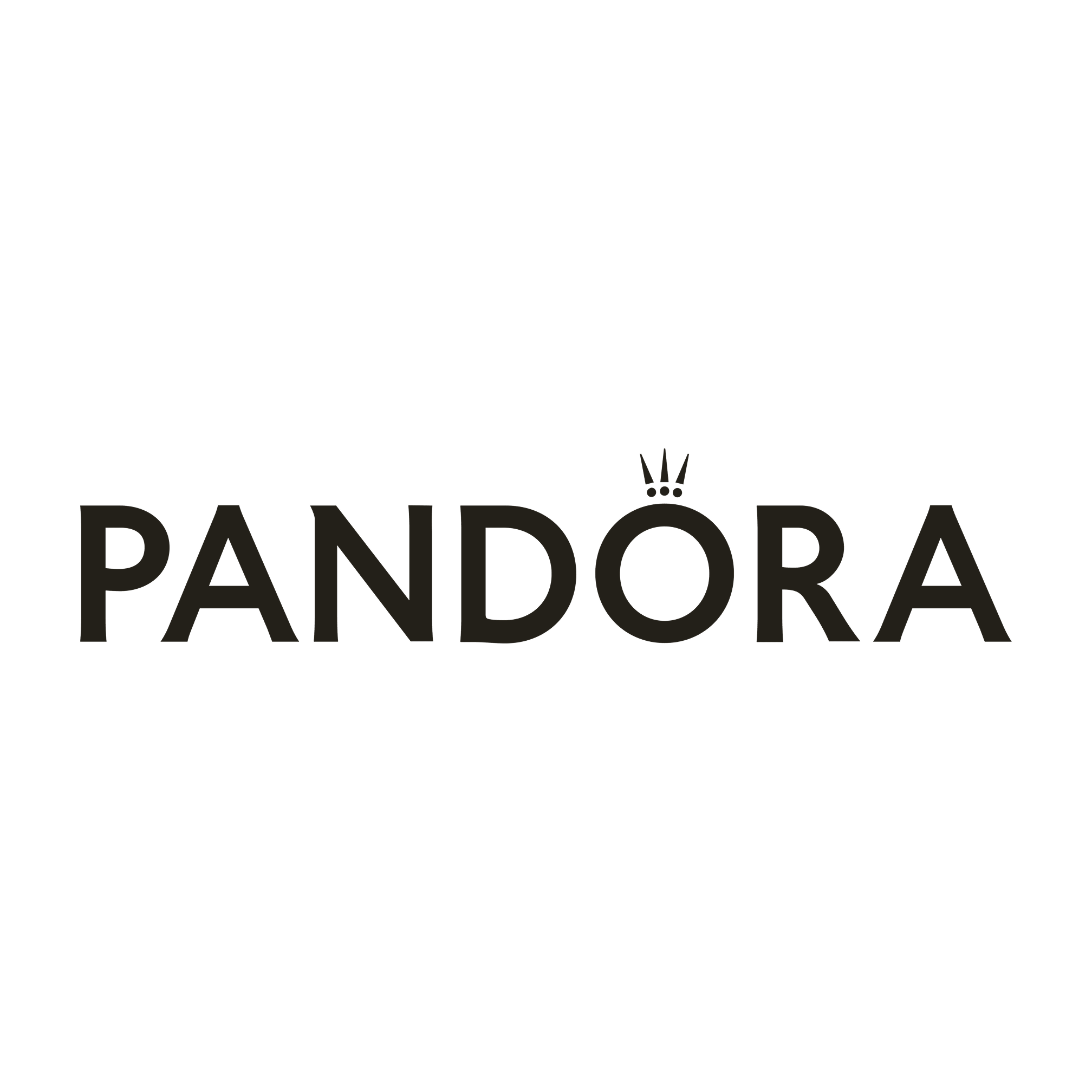 Black logo with word "Pandora" in capital letters and a crown symbol above the letter "O".