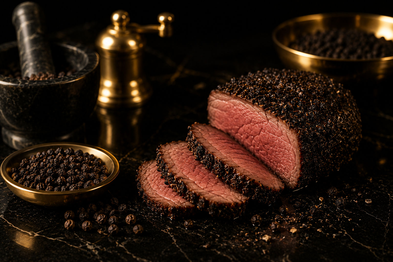 Sliced blackened steak with pink interior on a black marble surface surrounded by black peppercorns and brass bowls.