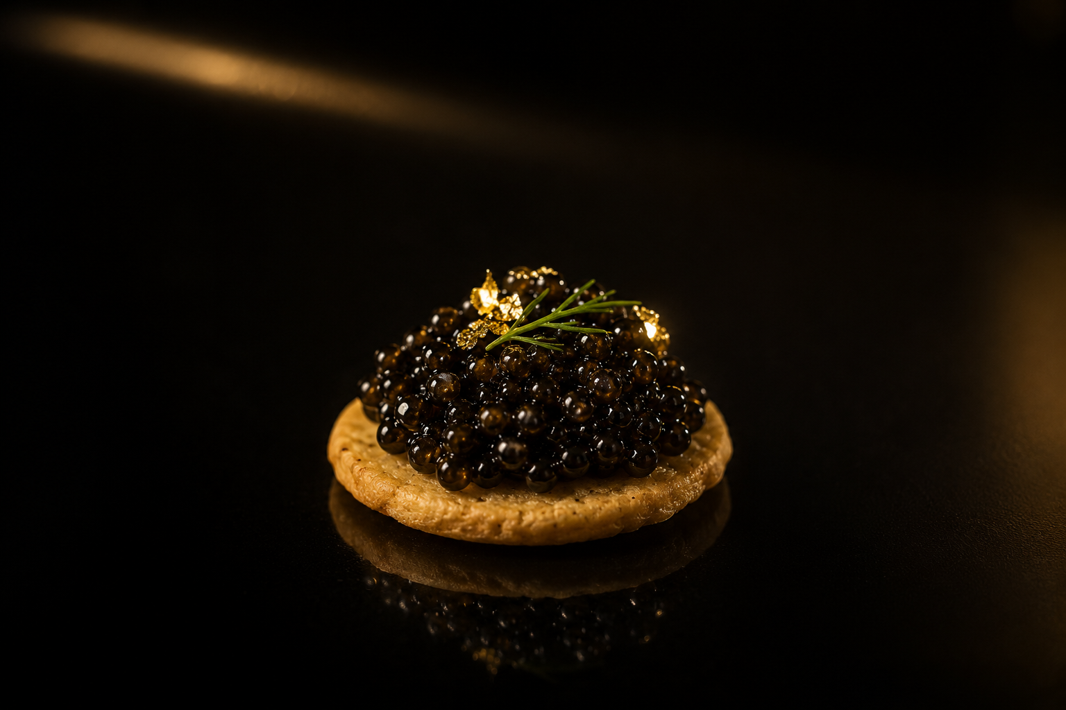 Canapé with caviar, a round cracker, garnished with a sprig of chives and edible gold flakes, on a black background.