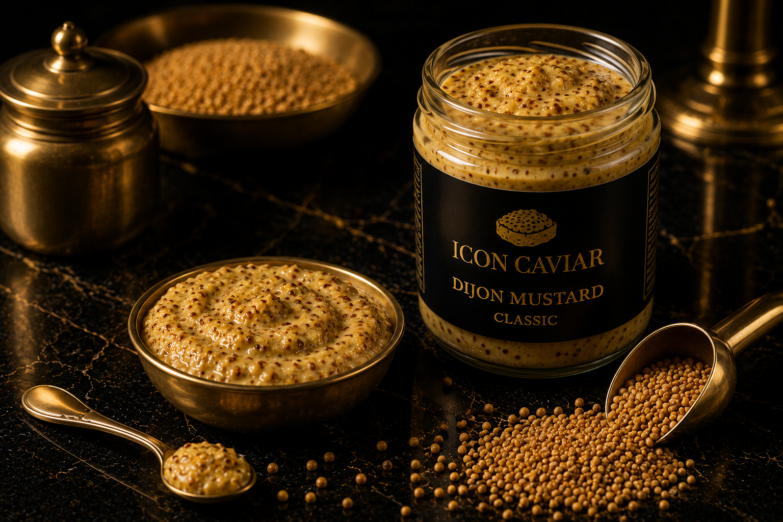 Jar of ICON Caviar Dijon Mustard along with small bowls of prepared mustard, golden caviar, and mustard seeds on a black marble surface with gold accents.