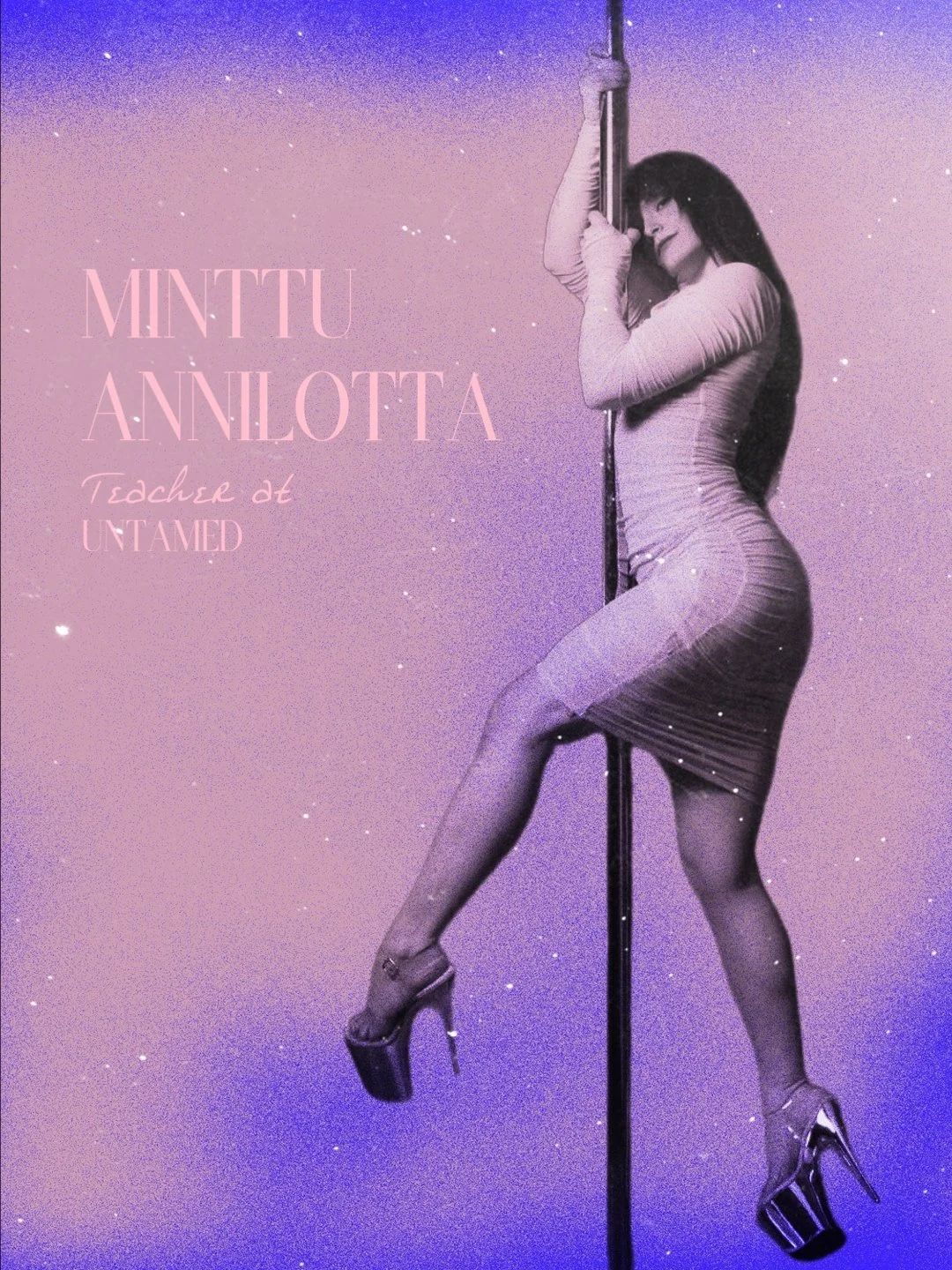 A woman with long dark hair poses in a tight dress and high heels, holding a pole against a pink and purple starry background.