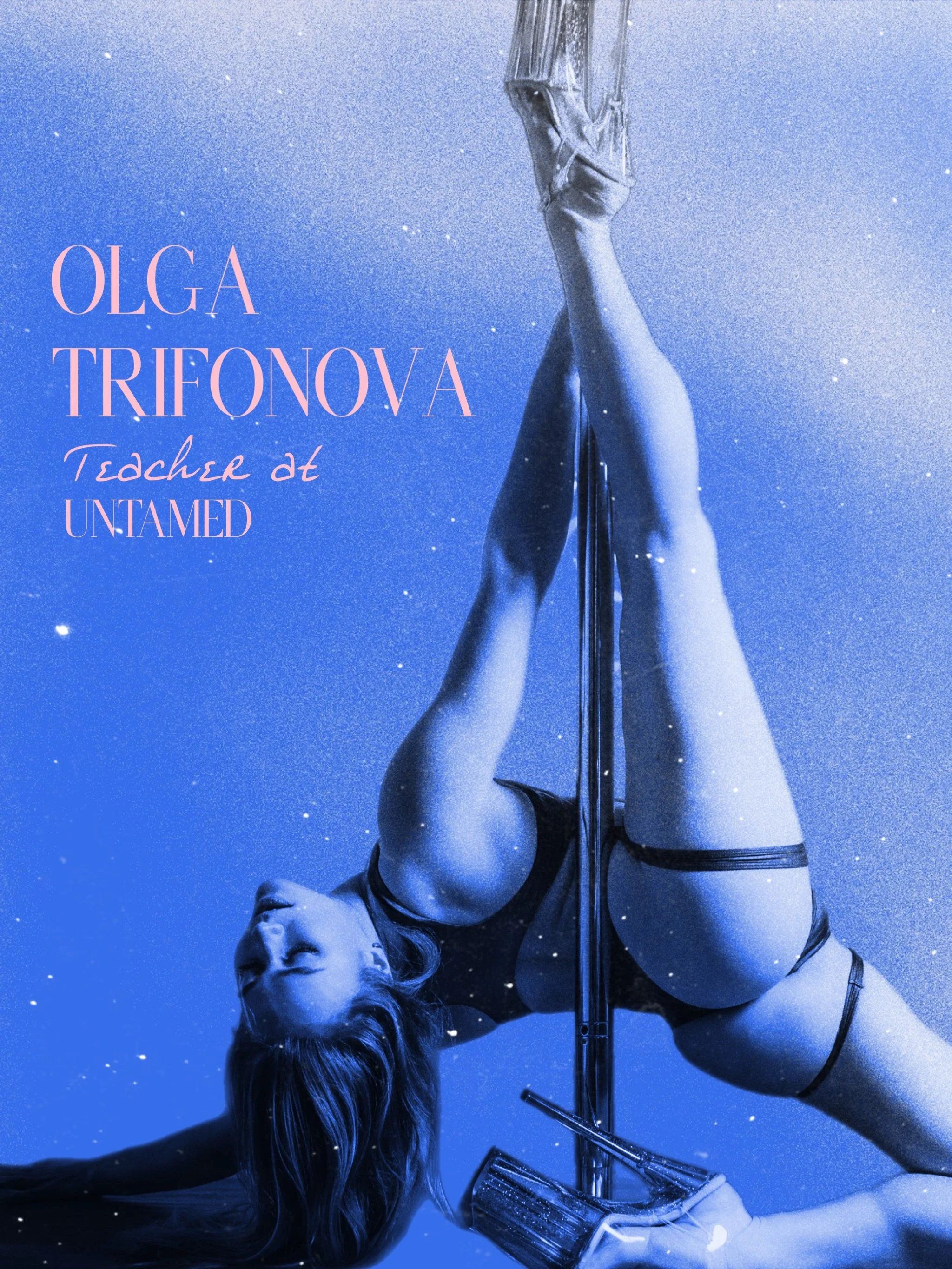 A woman with long hair wearing lingerie performs a pole dance against a starry blue background.