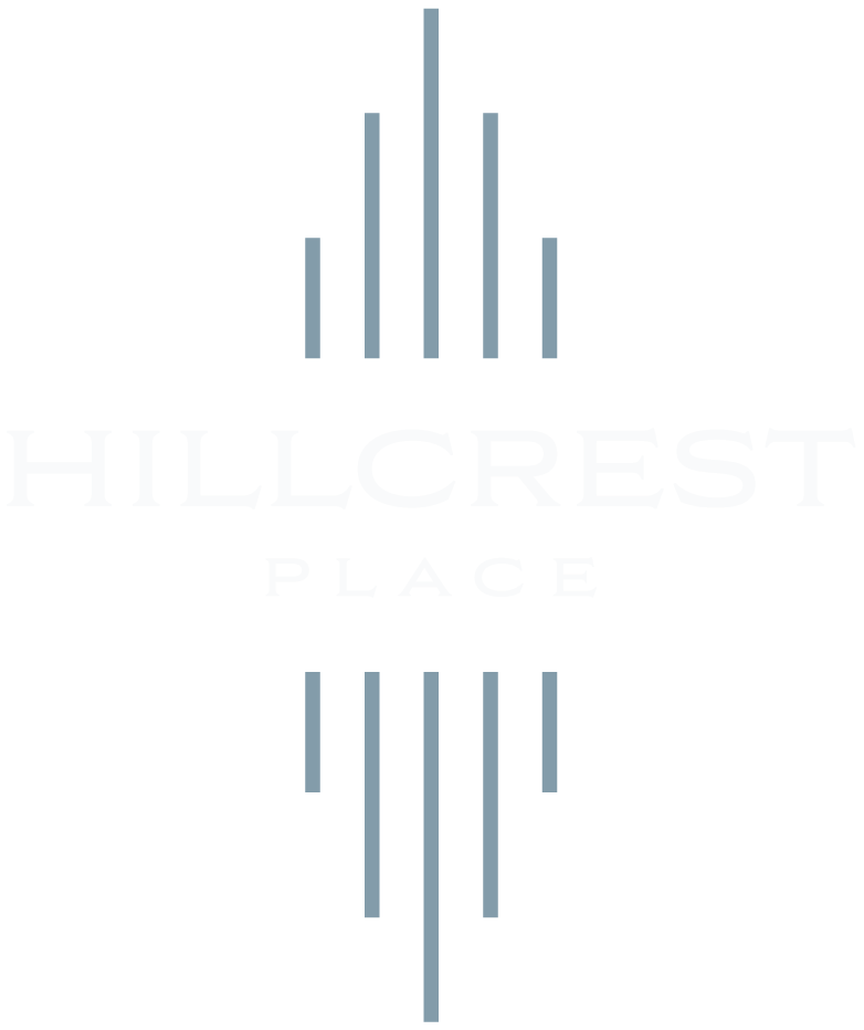 Logo with the words 'Hillcrest Place' and a design of vertical lines above and below the text.