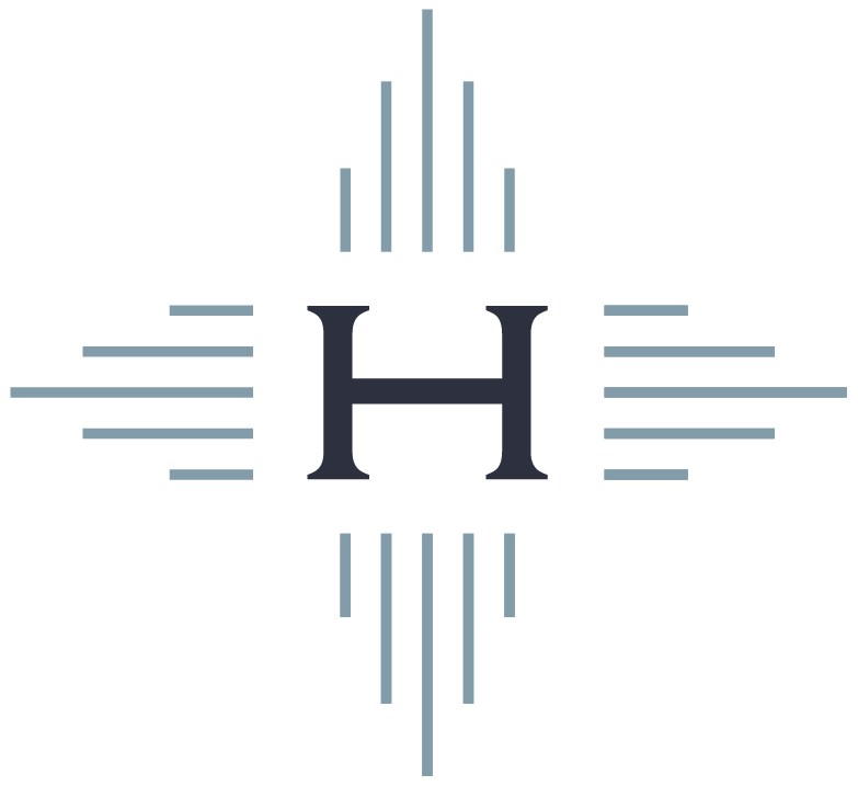 Stylized letter H with lines and dashes radiating outward in a symmetrical pattern, resembling an abstract or technological design.