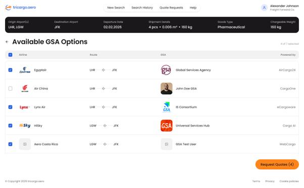 Screenshot of a webpage displaying available GSA options for a flight from LHR to JFK, listing airlines such as EgyptAir, Air China, Lynx Air, HiSky, and Aero Costa Rica, with details including departure date, departure and destination airports, GSA agencies, and provided by web services.