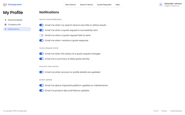 Screenshot of a user profile page in a web application, showing notification preferences and email alerts for various activities.