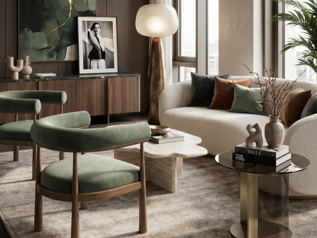 Modern living room with a white sofa, colorful pillows, a marble coffee table, green chairs, a black side table with books and decorative objects, a tall lamp, large windows, and artwork on the wall.