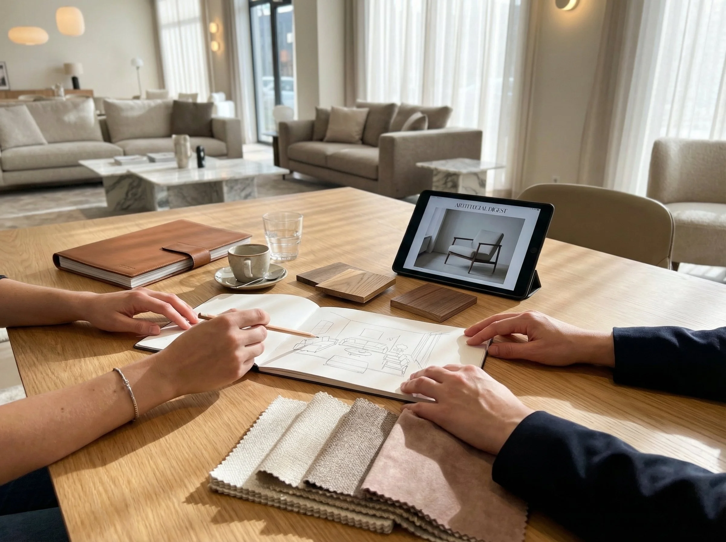 Design consultation with fabric swatches, wood samples, and a room sketch