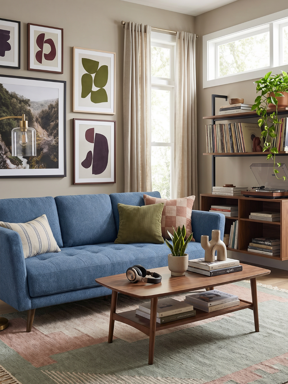 Living room with blue sofa, plants, framed abstract art, record player, bookshelf, and window with beige curtains.