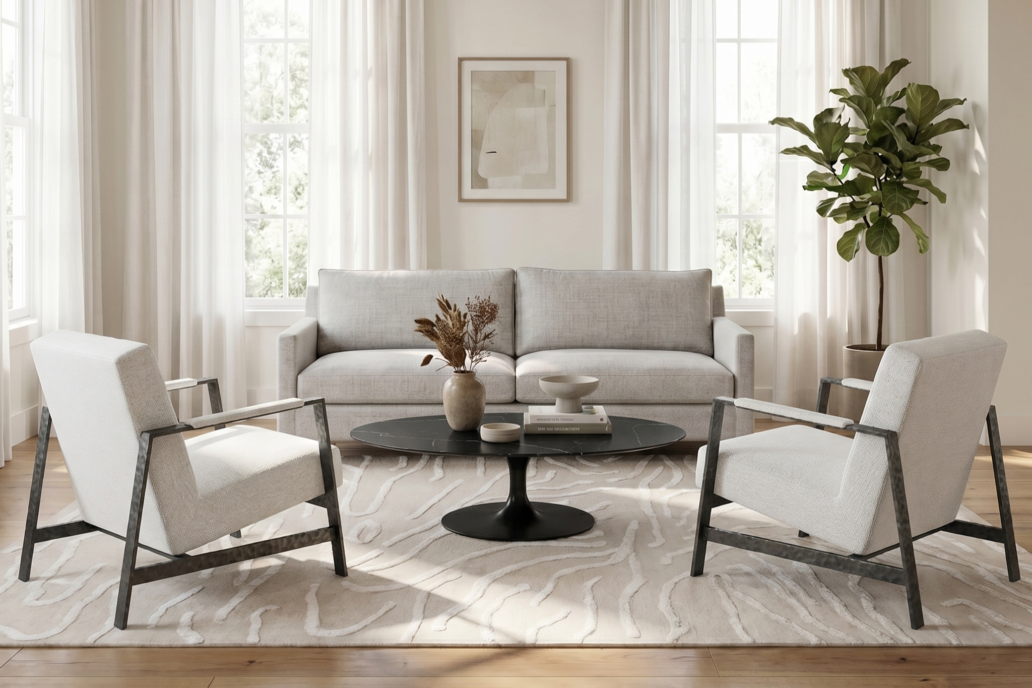 Modern living room with large windows, white curtains, a white sofa, four white armchairs around a round black coffee table, decorative vases, and a green potted plant.