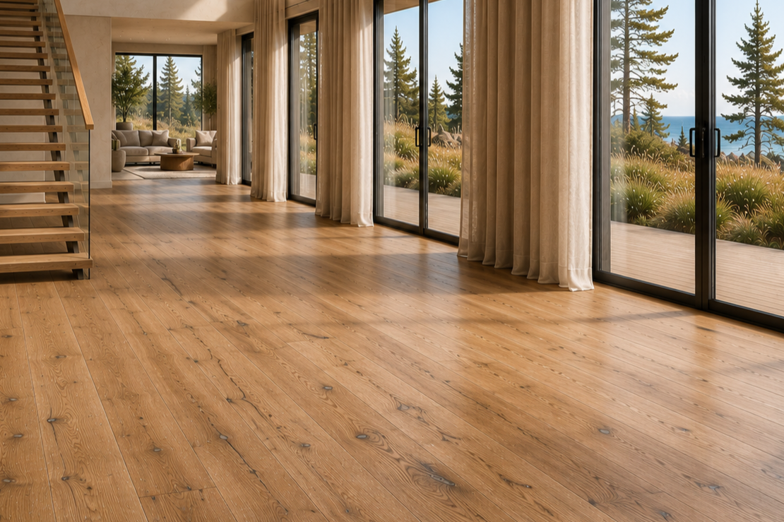 Wide-plank hardwood flooring in a sunlit open-concept living room by Taylor Flooring