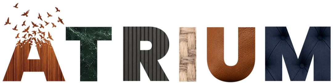 Close-up of the word 'ATRIUM' with each letter featuring different textured material patterns.