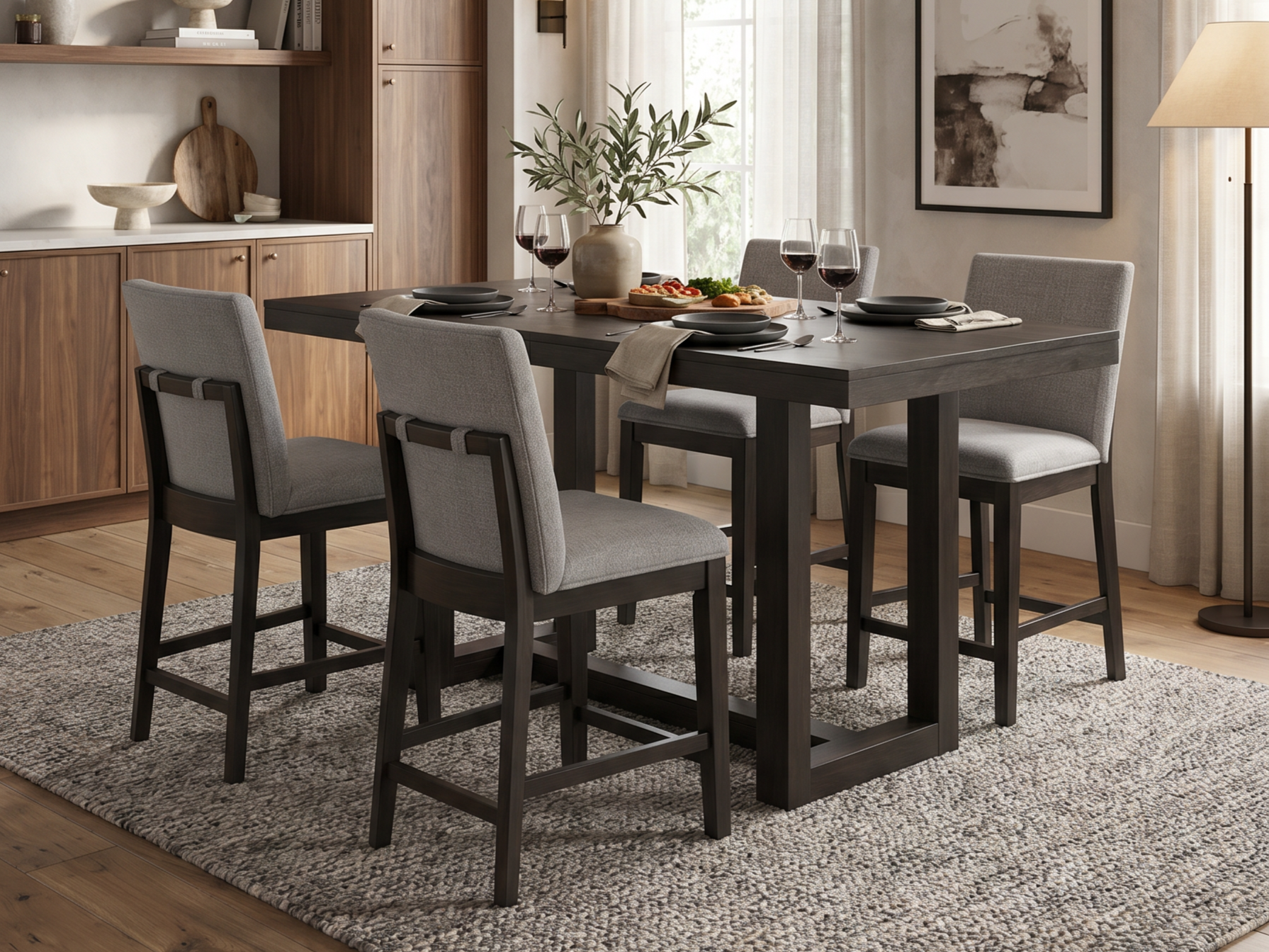 A dining room with a dark wood table, six upholstered chairs, a large vase with greenery, a pizza, four glasses of red wine, and a black plate setting. There is a wooden cabinet and a wall with abstract art in the background, and a floor lamp near a window with curtains.