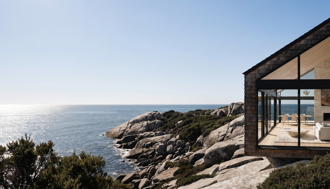 A modern house with floor-to-ceiling windows built on a rocky coastline, overlooking the ocean on a sunny day.