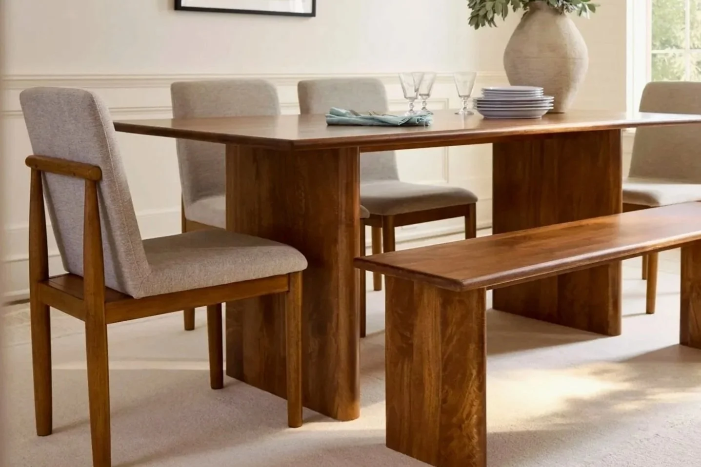 Walnut dining table with upholstered chairs and matching bench from Ashley HomeStore Atlantic