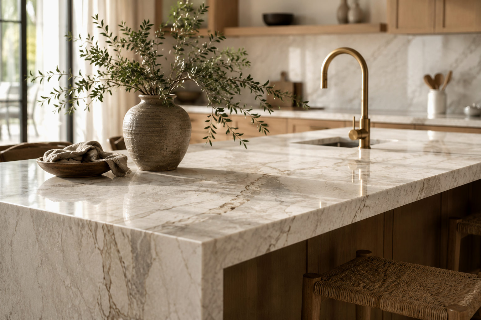 Marble kitchen island countertop with brass faucet by Jade Stone