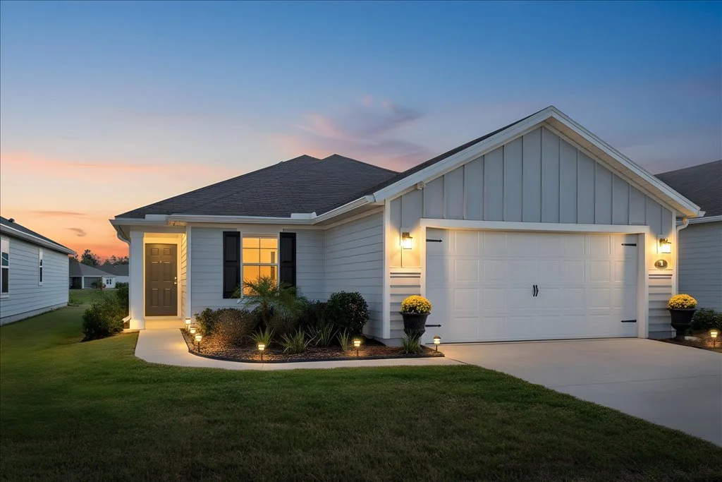 A modern single-story house with white siding, black window shutters, a gray garage door, and a dark gray roof, illuminated by outdoor lighting at dusk.