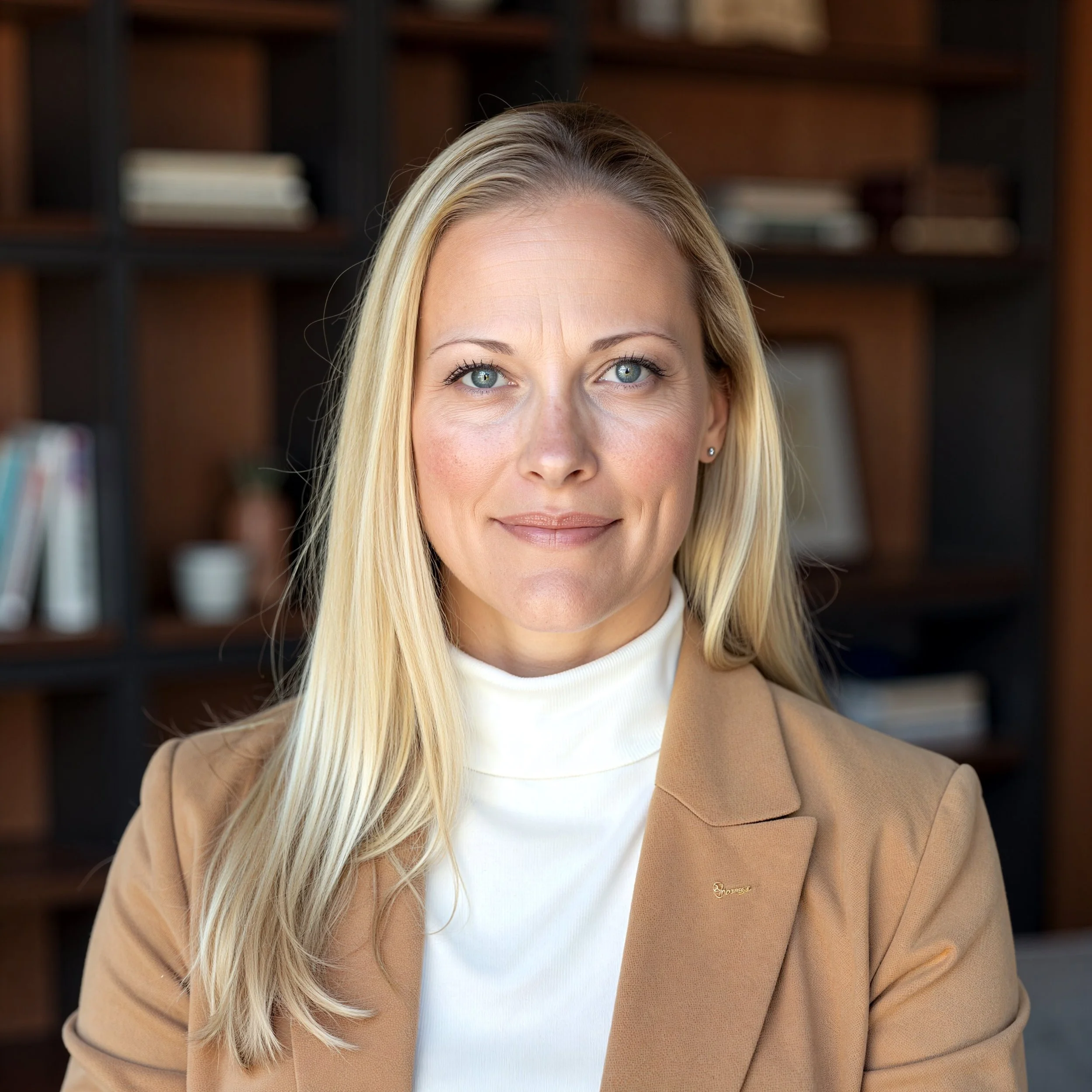 Close-up of a woman's face showing her blue eyes, blonde hair, and a beige blazer with a logo, with a background of a dark brown wooden bookshelf filled with books.
