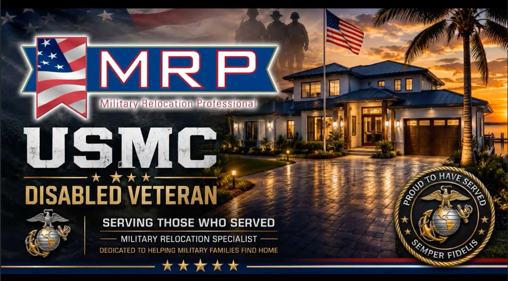 An infographic honoring a disabled U.S. Marine veteran with a house in the background, American flags, and military symbols, including the Marine emblem and a seal reading 'Proud to Have Served.'