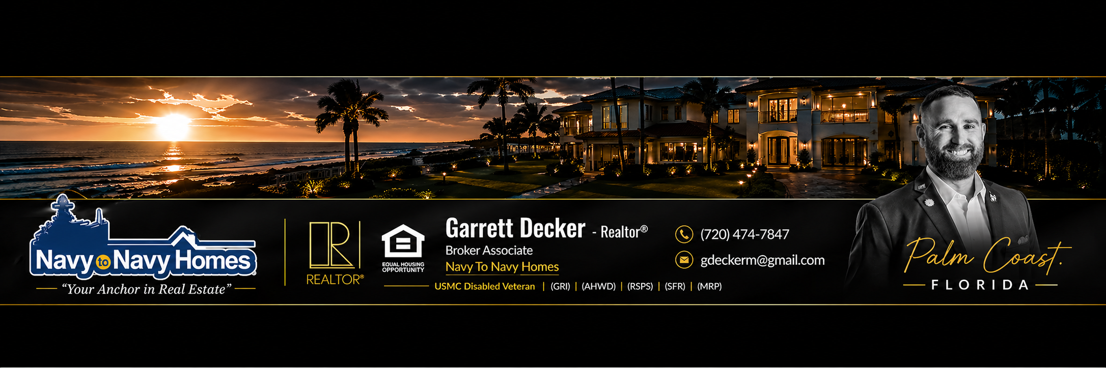 A digital banner advertisement featuring a sunset on a beach in Palm Coast, Florida, with a 3D rendering of a luxury residential building and palm trees, alongside a businessman in a suit smiling, promoting real estate services in Navy to Navy Homes.