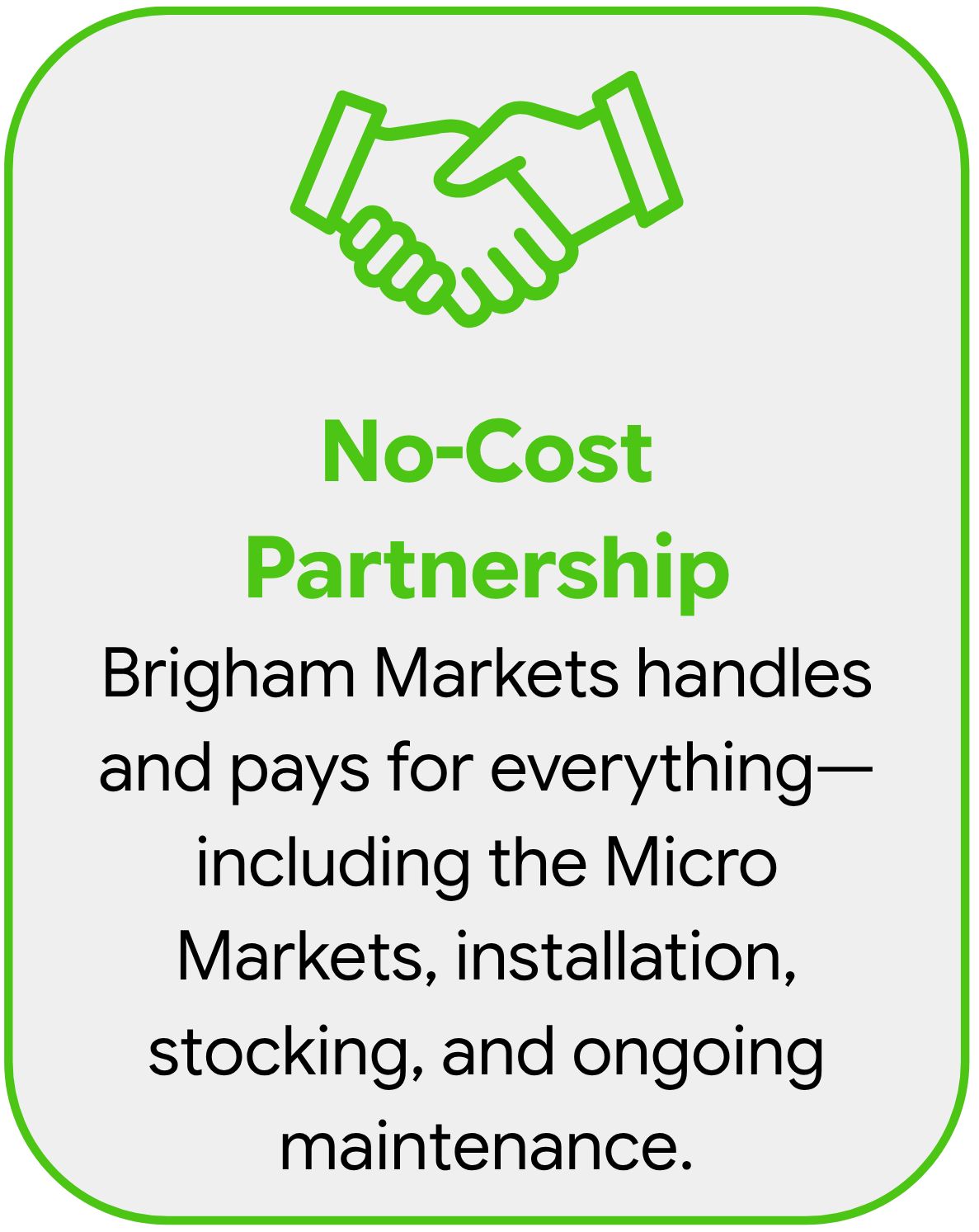 Icon of two hands shaking, with the text 'No-Cost Partnership' below. Additional text states Brigham Markets handles and pays for everything—including the Micro Markets, installation, stocking, and ongoing maintenance.
