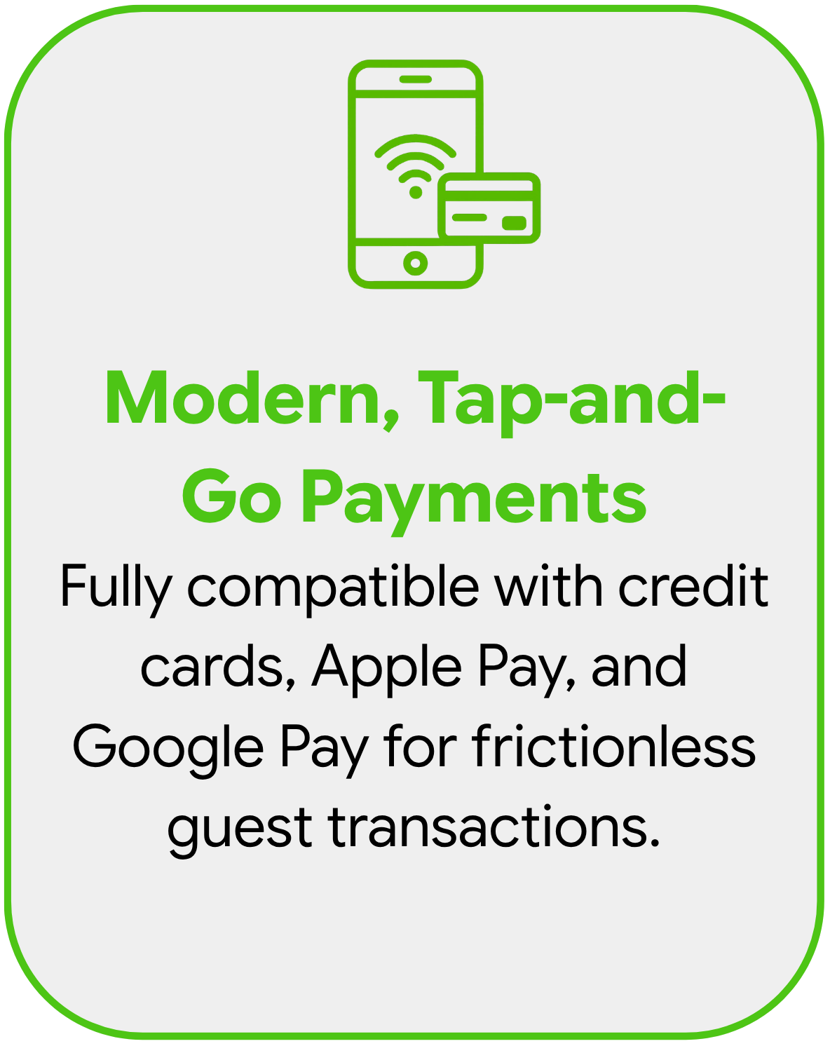 An advertisement for modern tap-and-go payments using smartphones with a credit card icon, emphasizing compatibility with credit cards, Apple Pay, and Google Pay for frictionless transactions.