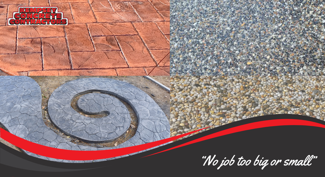 Composite image showing different types of concrete surfaces: stamped red brick pattern, multicolored small pebble style, textured gray stone pattern, and gray stone spiral design. Kempsey Concrete Contractors logo in the top left corner and a quote "No job too big or small" at the bottom.