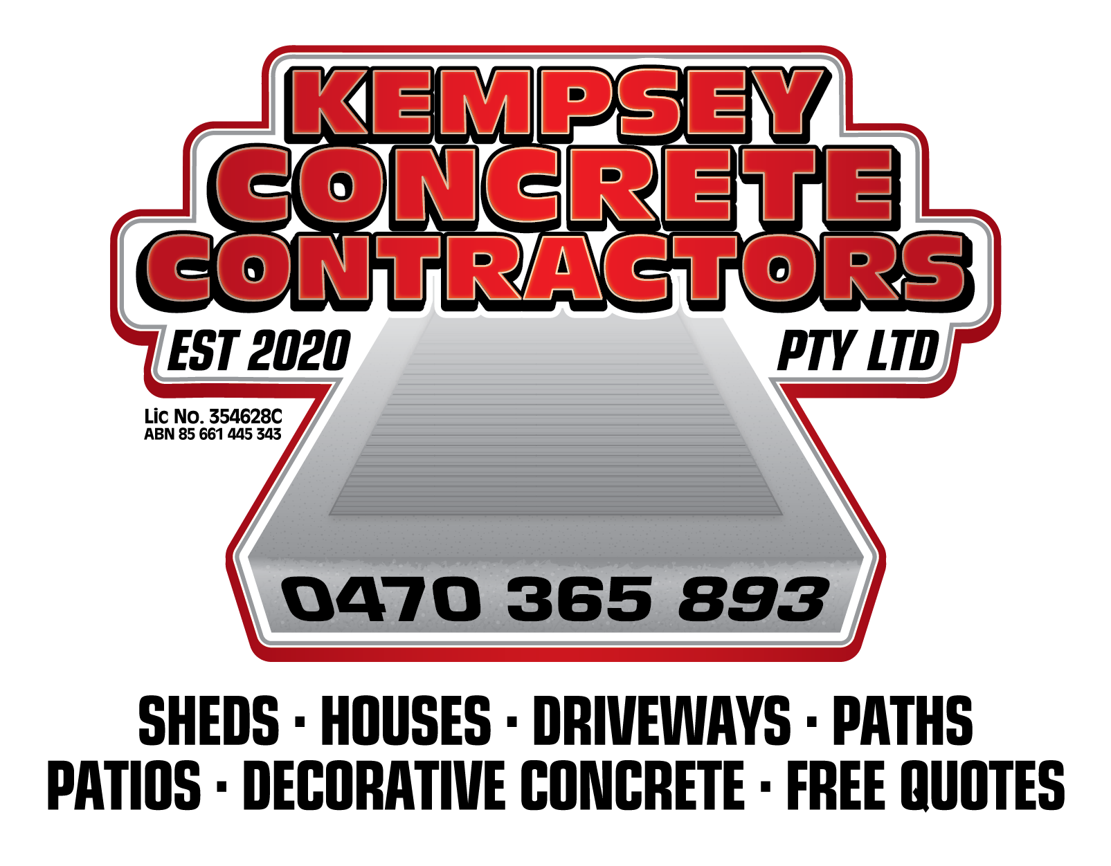 Kempsey Concrete Contractors logo with a graphic of a concrete step and contact phone number.