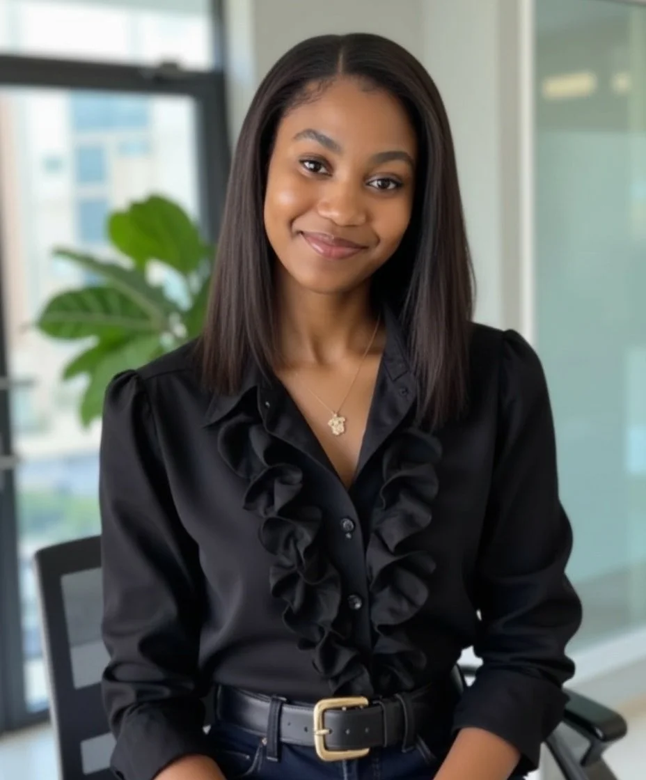 A woman with medium skin tone and shoulder-length dark hair, smiling, wearing a black ruffled blouse with rolled-up sleeves, a black belt with a gold buckle, a necklace with a small pendant, seated in an office with large windows and a plant in the background.