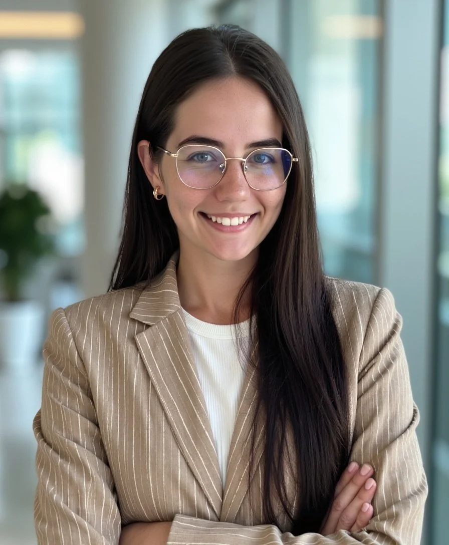 Young woman with long dark hair and glasses smiling, standing with arms crossed indoors.