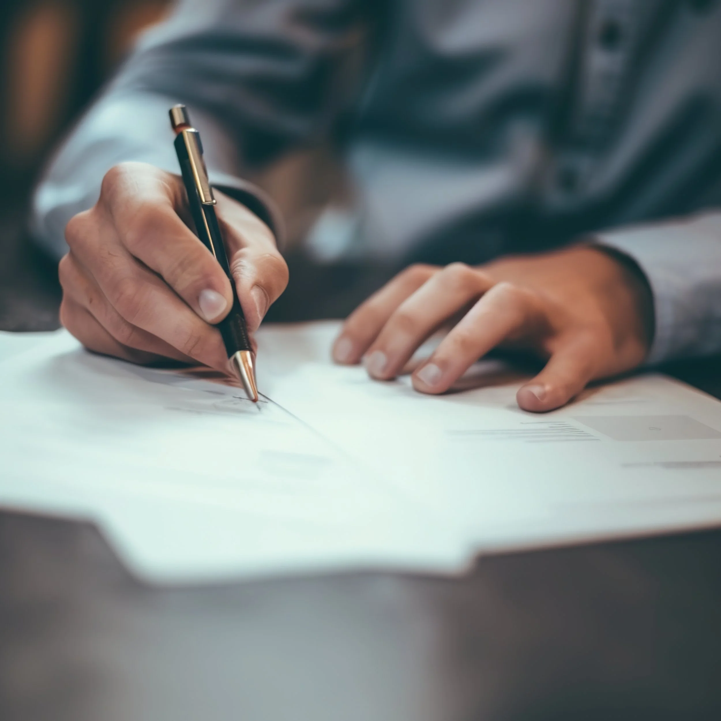 A person holding a gold and black fountain pen, writing on a piece of paper or notebook.