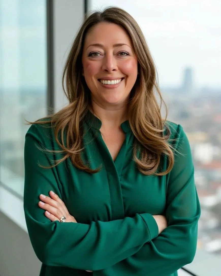 A woman with long brown hair smiling, wearing a green blouse, standing in front of a window in a high-rise building with a cityscape in the background.