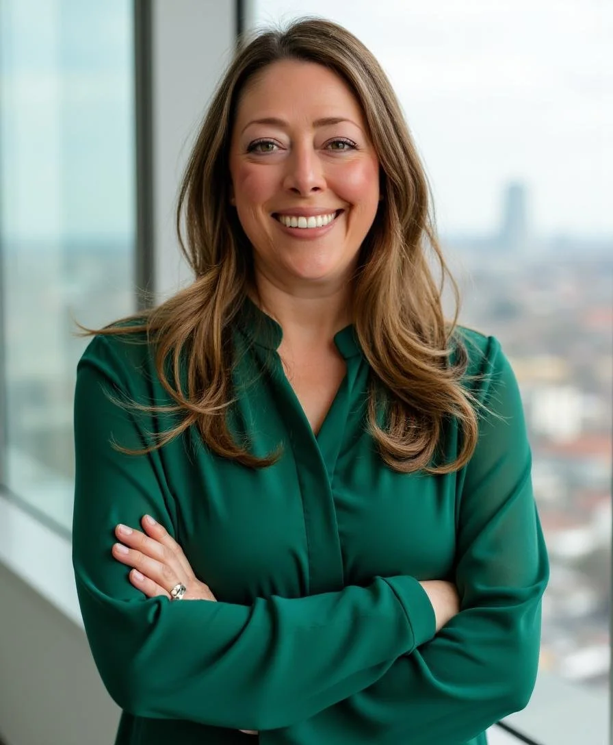 Woman with long brown hair smiling and wearing a green blouse, standing with crossed arms in front of large glass windows with a cityscape in the background.