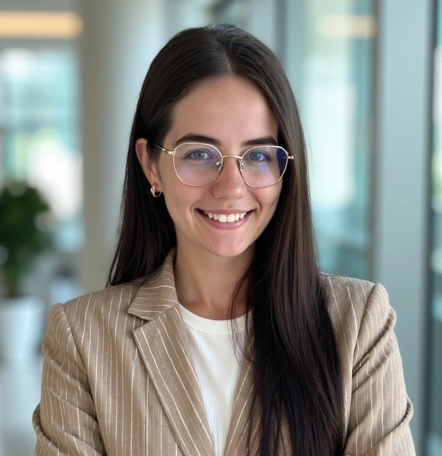 Young woman with long dark hair, wearing glasses, a beige pinstripe blazer, and a white top, smiling in an indoor office setting with large windows and a blurred background.