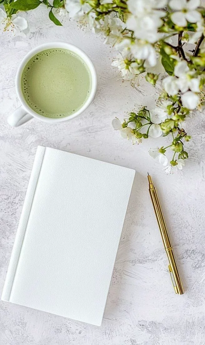 Une tasse de thé vert, un carnet blanc, un stylo doré, et des branches de fleurs blanches sur une surface blanche.