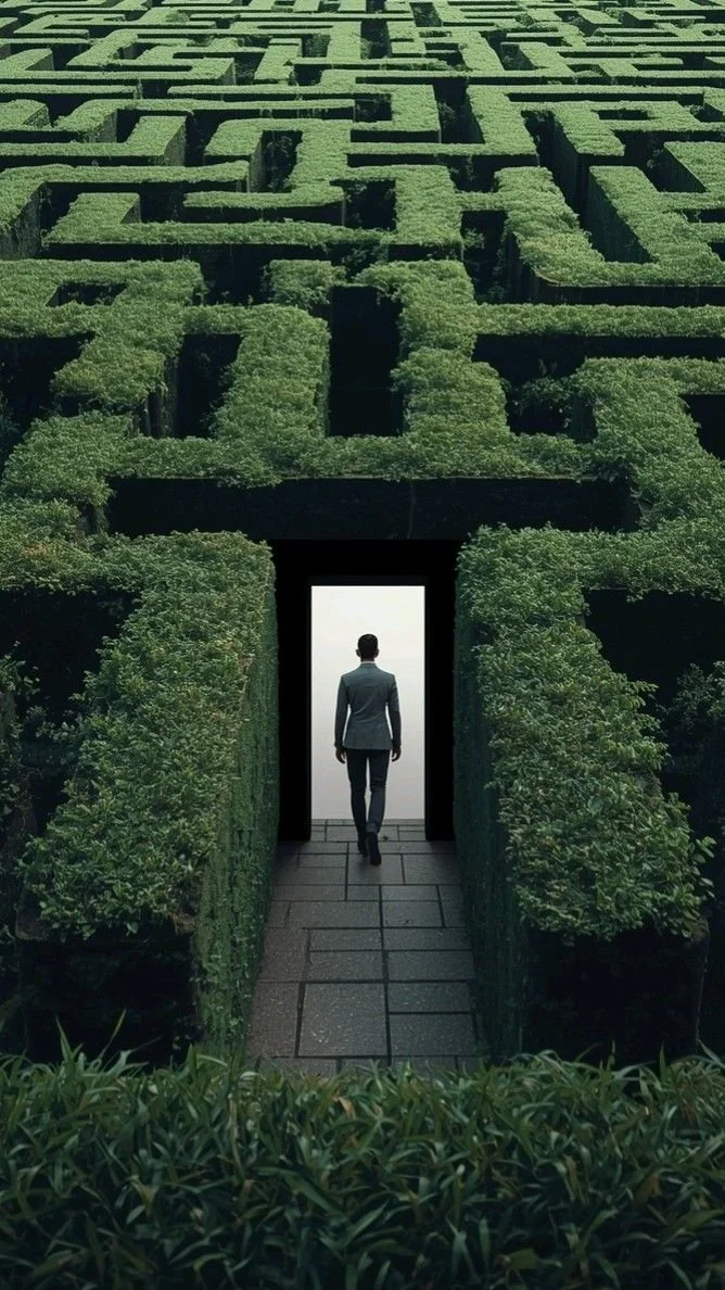 Un homme en costume marche à travers un portail, entouré de hautes haies vertes formant un labyrinthe de verdure.
