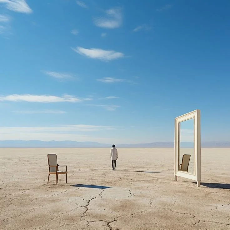 Une personne regarde un miroir posé dans un désert à perte de vue avec un fauteuil à gauche et un autre à droite, sous un ciel bleu avec quelques nuages.