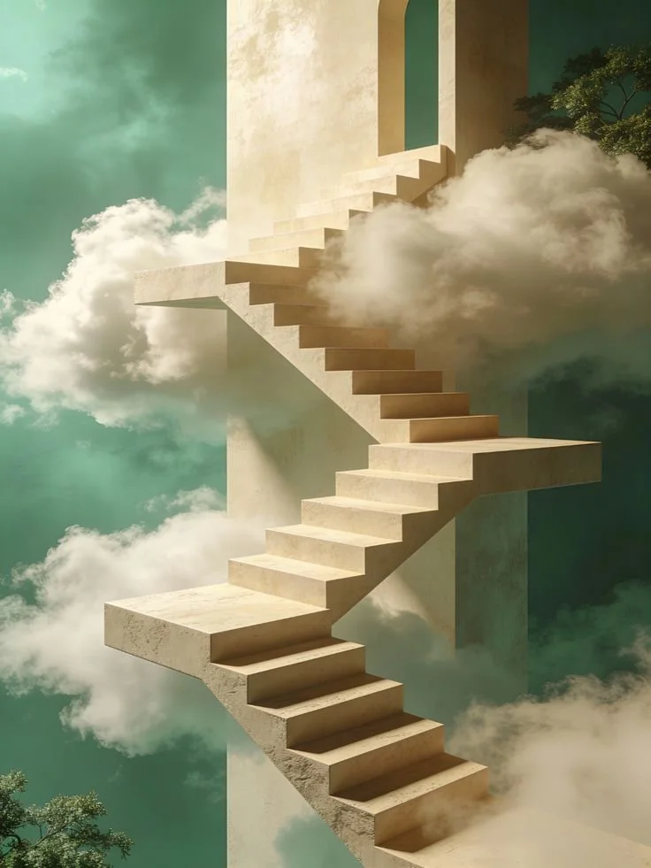 Escalier en béton suspendu dans un ciel nuageux avec un bâtiment en arrière-plan et des arbres en coin.