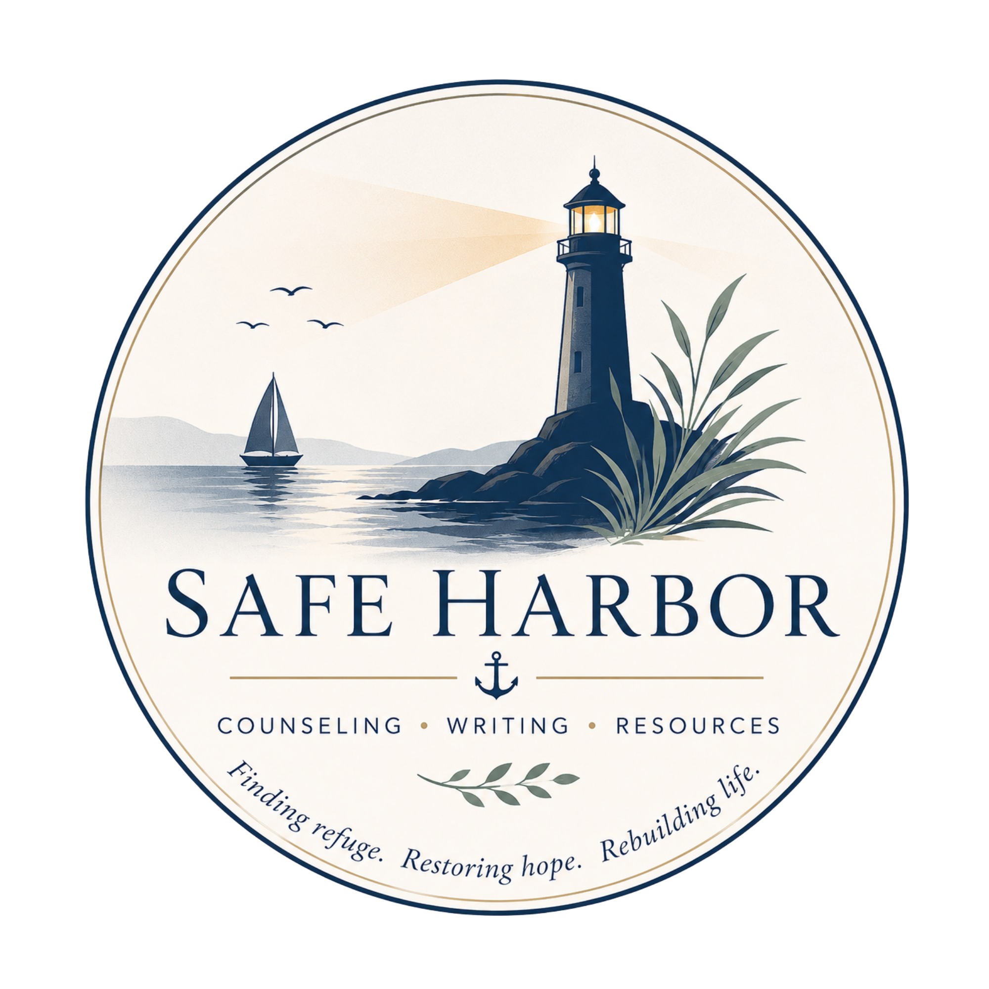 Logo for Safe Harbor with a lighthouse, sailboat, birds, and foliage, including text mentioning counseling, writing, resources, and rebuilding life.
