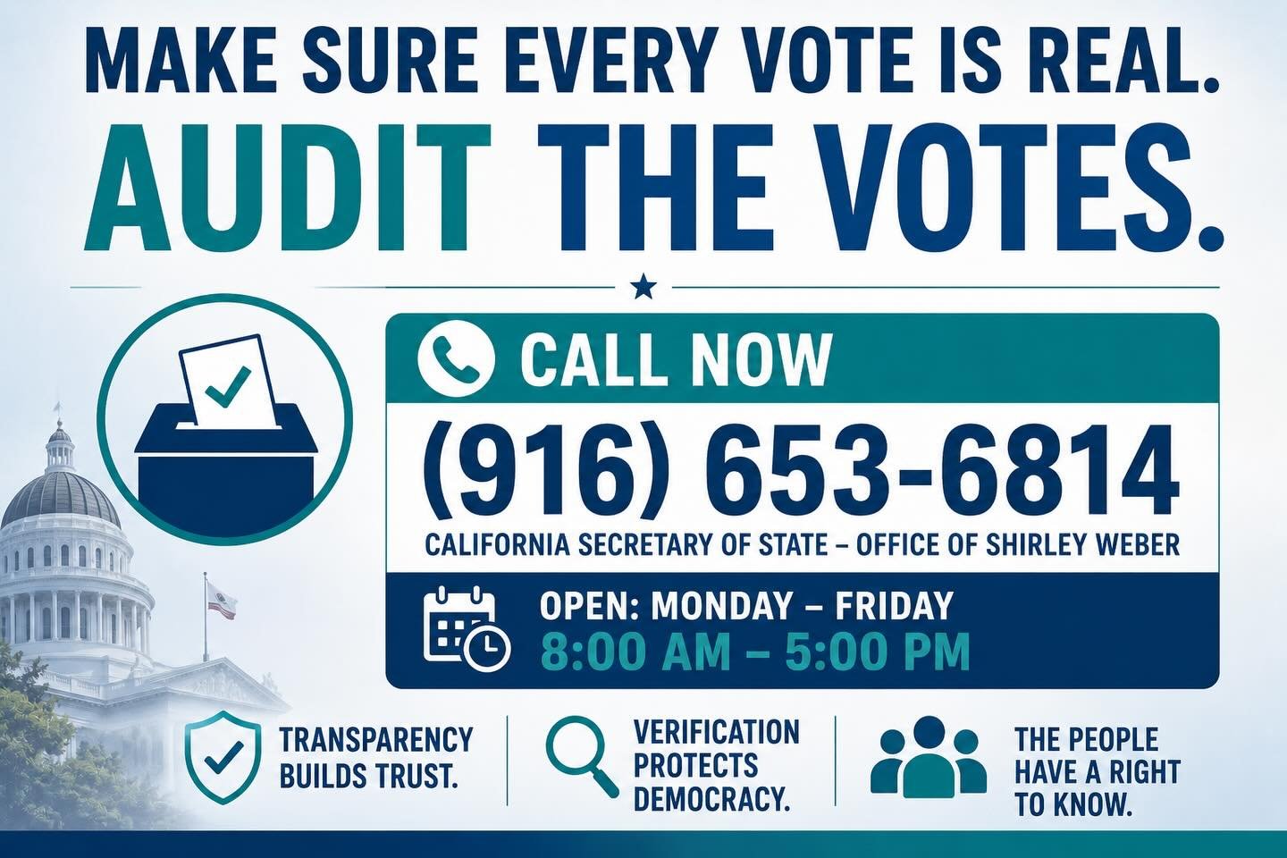 Save LA. Time to act and protect your voice. Call your City Council member, County Registrar, Secretary of State, U.S. Representative, and Senators.

Tell them clearly:

NO CERTIFICATION until there is a full federal audit of the voter rolls.

Transp